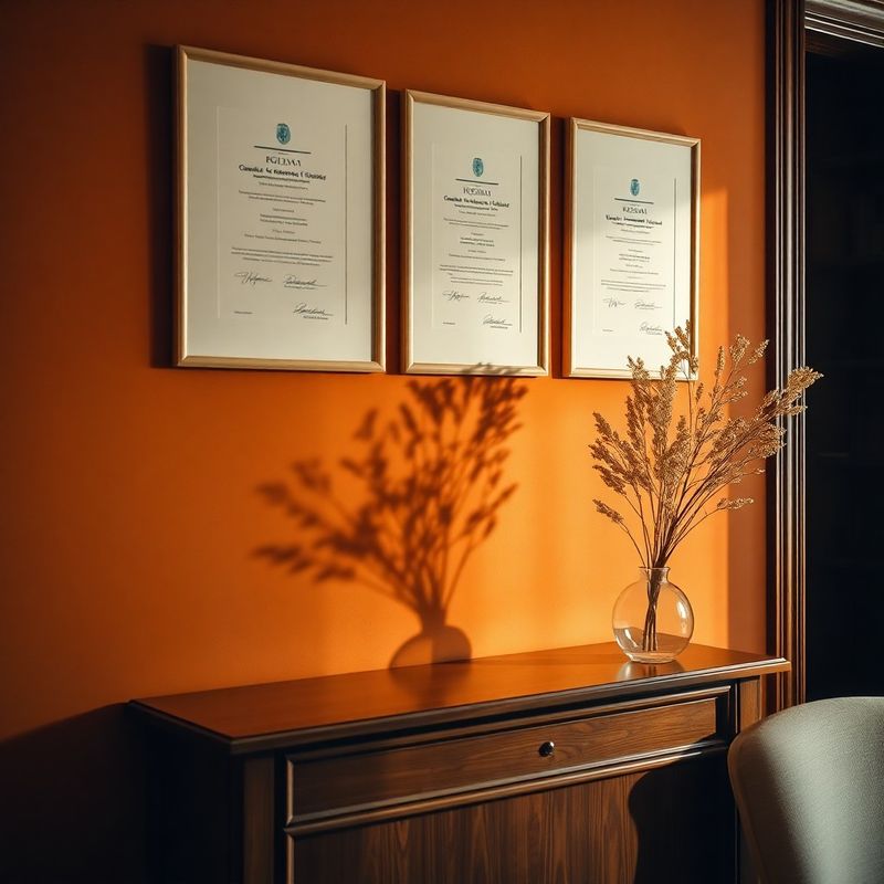 Detaliu interior birou cu perete teracotă și certificate înrămate